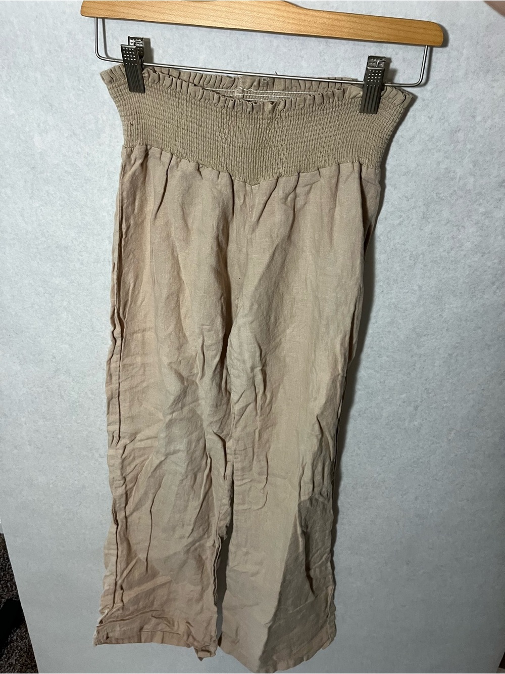 Beige Wide-Leg Smocked Waist Pants